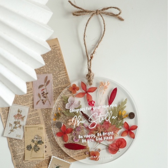 12cm Circle Pristine Hanging | Bingkai Tulisan/Foto Bunga Kering | Hadiah Custom Hiasan Dinding