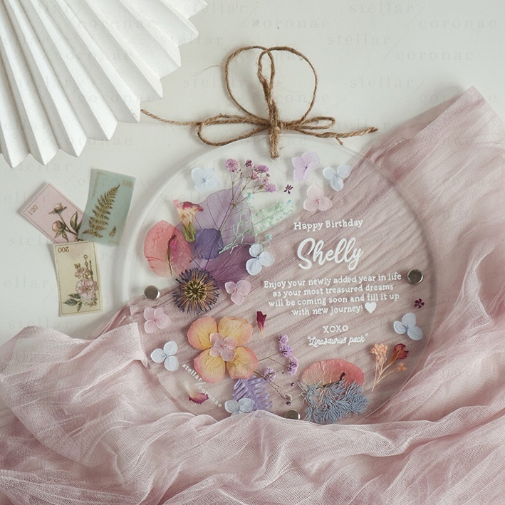20cm Circle Pristine Hanging | Bingkai Tulisan/Foto Bunga Kering | Hadiah Custom Hiasan Dinding