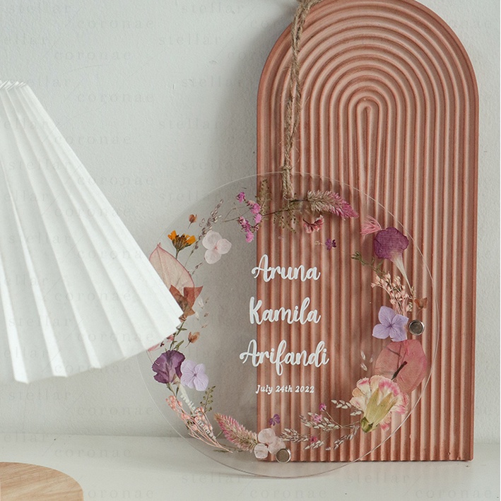 20cm Circle Pristine Hanging | Bingkai Tulisan/Foto Bunga Kering | Hadiah Custom Hiasan Dinding