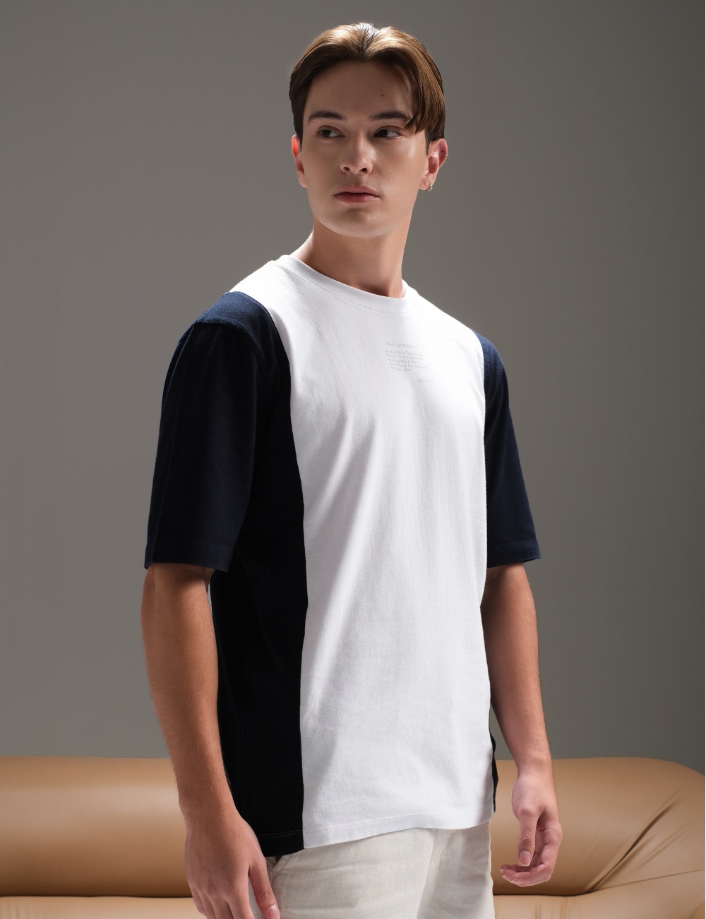 Colorblocked "HAPPINESS" Deep Navy - White T-shirt