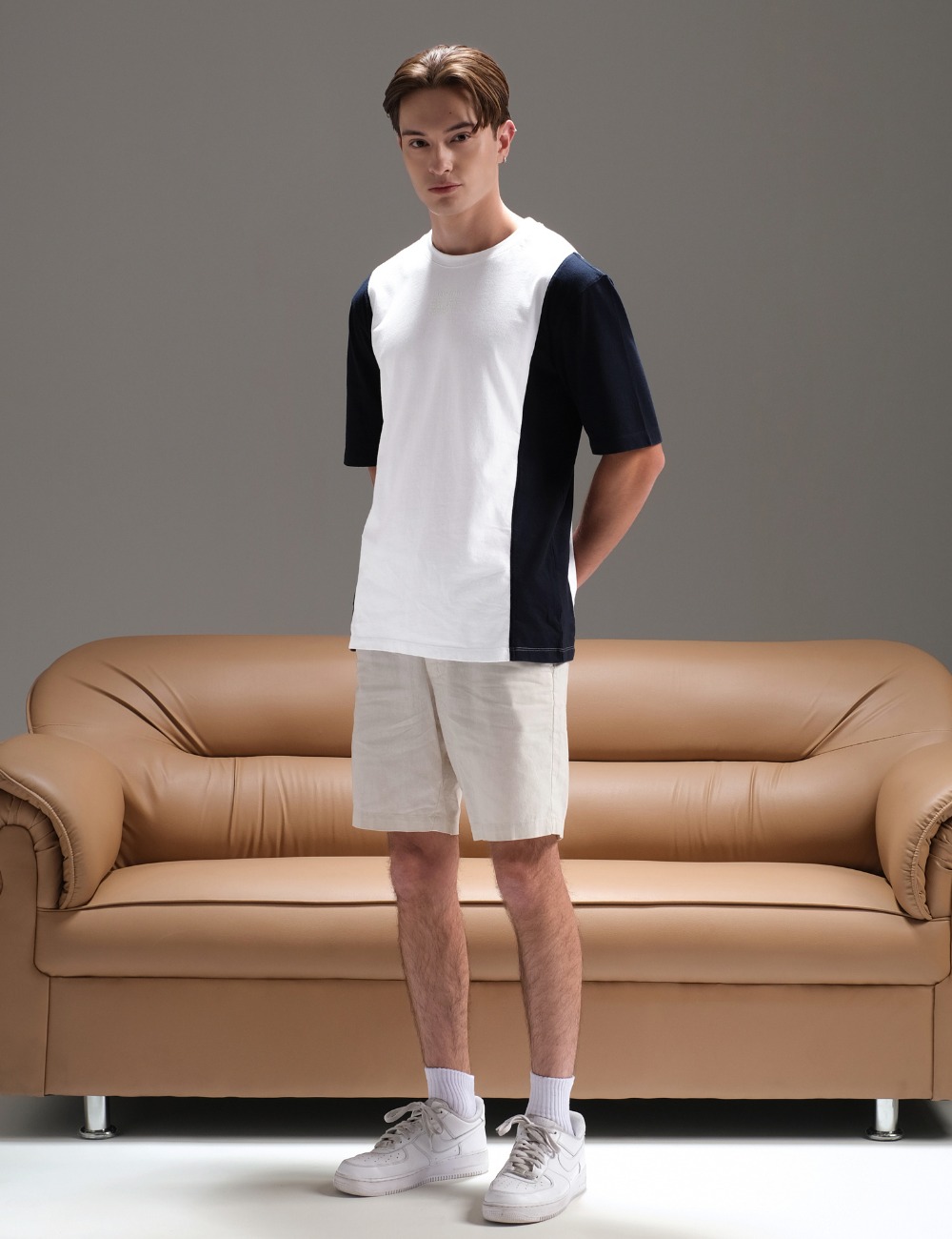 Colorblocked "HAPPINESS" Deep Navy - White T-shirt