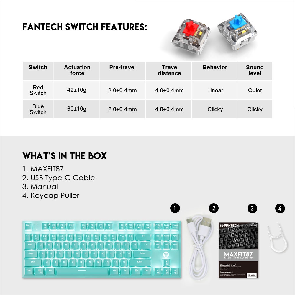 Fantech MAXFIT87 MK856 Mint Edition TKL Keyboard Gaming Mechanical