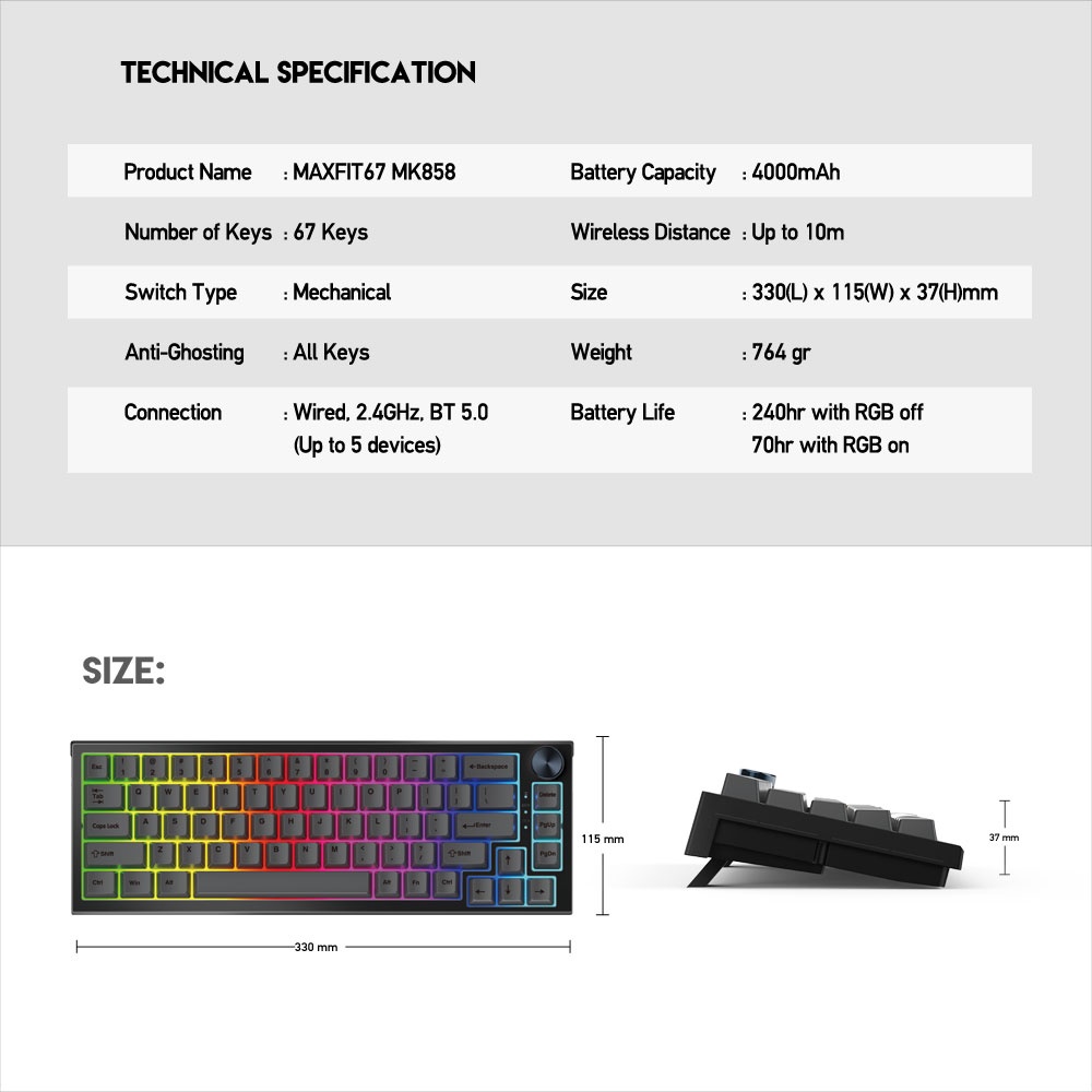 Fantech MAXFIT67 MK858 RGB Wireless Keyboard Gaming Mechanical