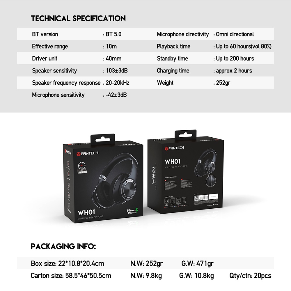 Fantech WH01 Headphone Bluetooth Headset Wireless Low Latency