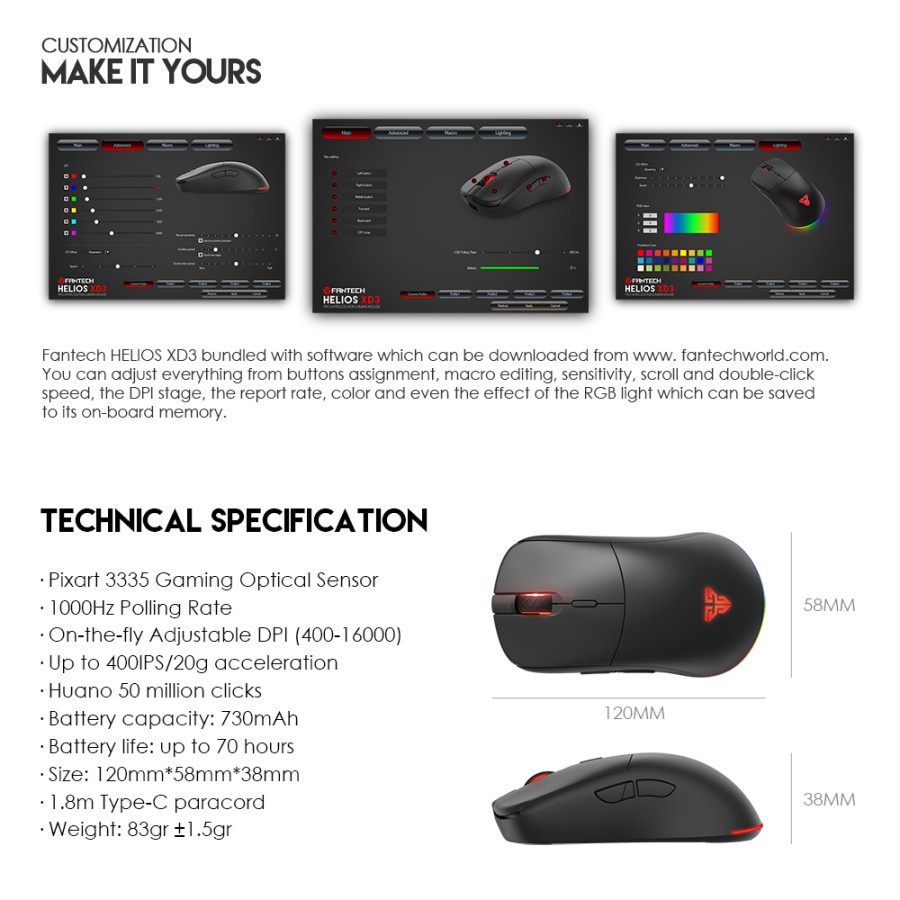 Fantech Helios XD3 Mouse Gaming Pro Wireless RGB