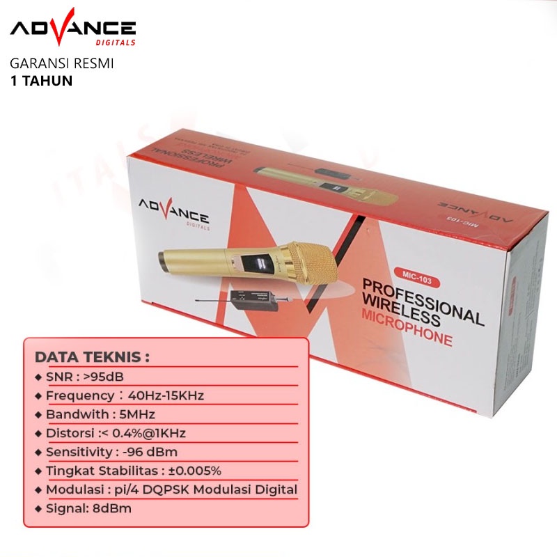 Advance MIC103 Microphone Wireless Profesional Mic Rechargeable