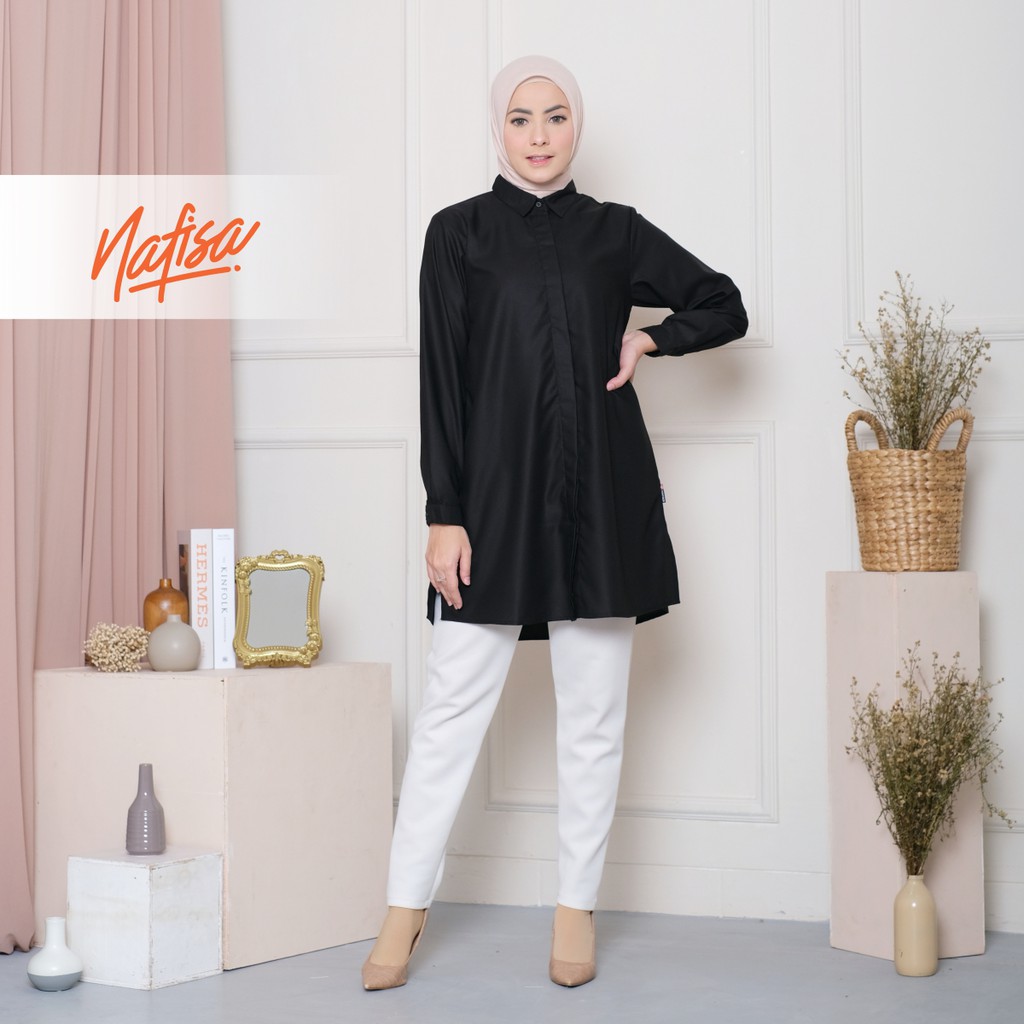 Nafisa Tunik Fleksibel Day - Kemeja Tunik Day To Day Atasan Muslim Size Lengkap - Hitam