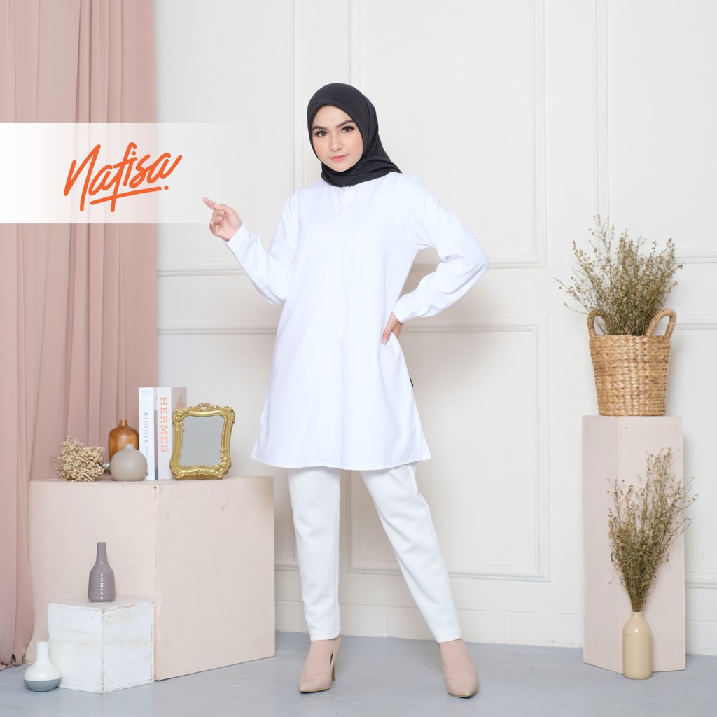 Nafisa Tunik Fleksibel Day - Kemeja Tunik Day to Day Toyobo Size Lengkap - White