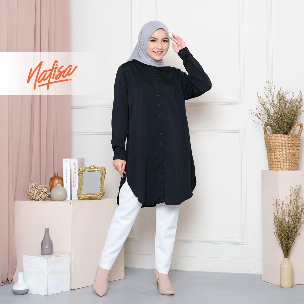 Nafisa Aeris - Tunik Wanita Kemeja Casual Atasan Masa kini Ukuran Lengkap - Warna Black / Hitam