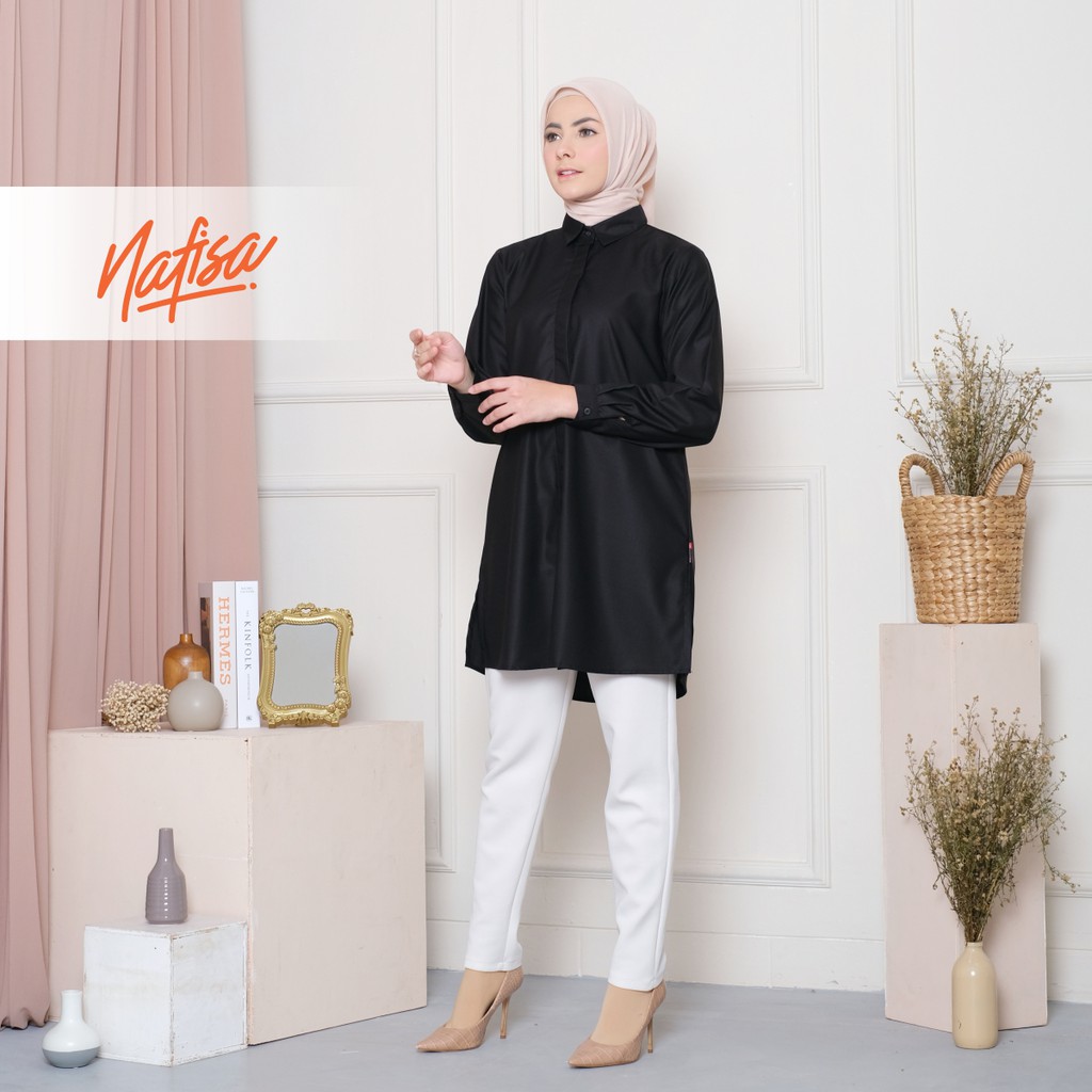 Nafisa Tunik Fleksibel Day - Kemeja Tunik Day To Day Atasan Muslim Size Lengkap - Hitam