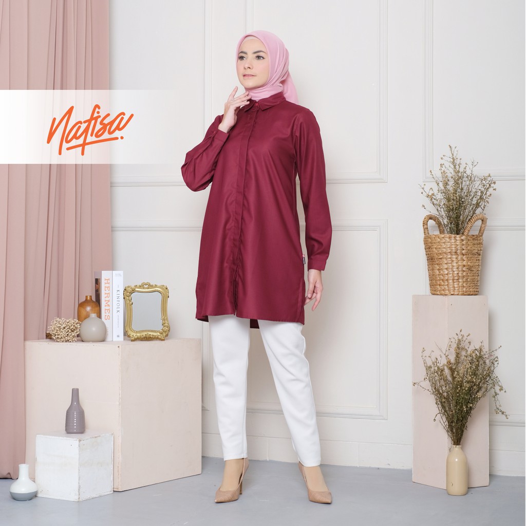 Nafisa Tunik Fleksibel Day - Kemeja Tunik Day To Day Atasan Muslim Size Lengkap - Merah Hati