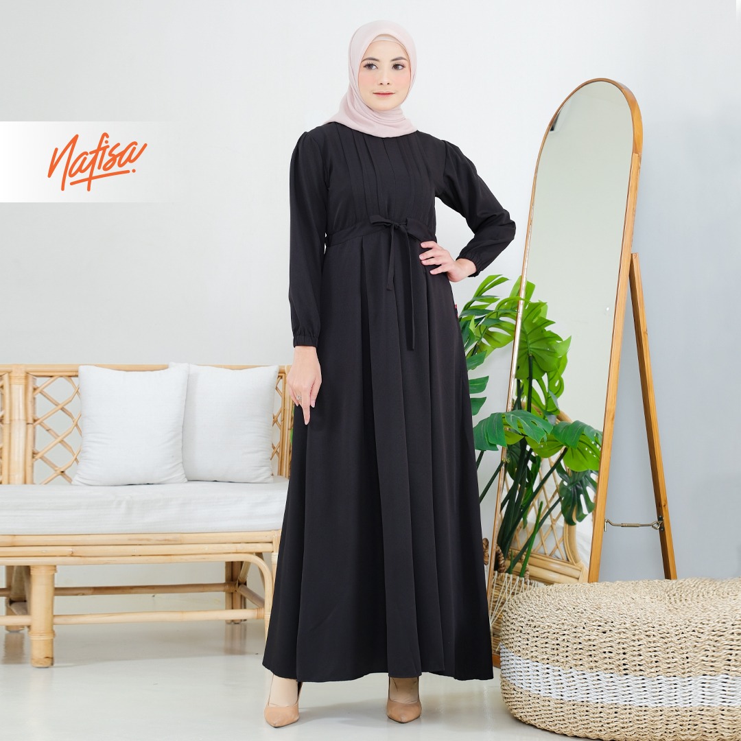 Nafisa Dress Youra Baju Gamis Wanita Lengan Panjang Kekinian - Hitam