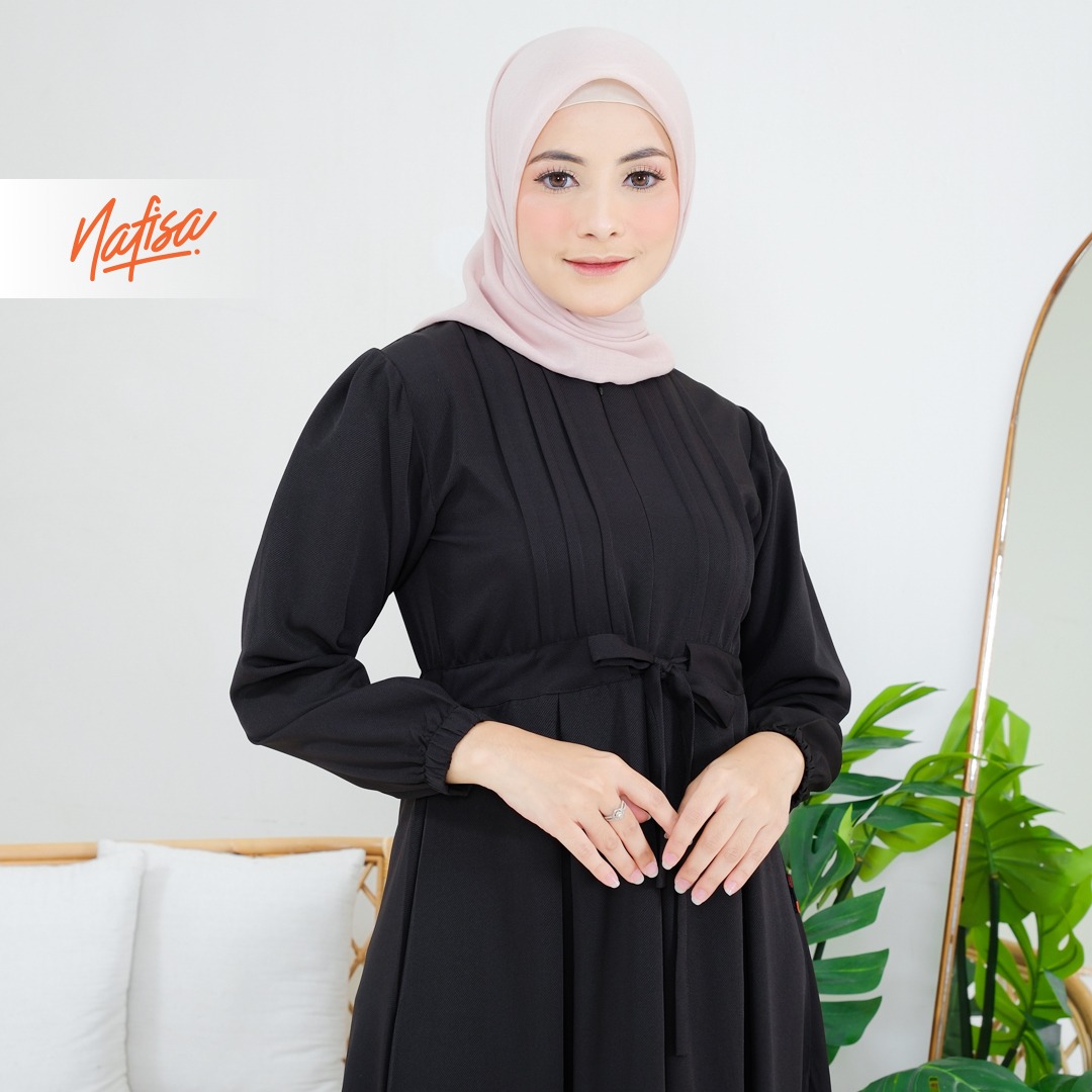 Nafisa Dress Youra Baju Gamis Wanita Lengan Panjang Kekinian - Hitam
