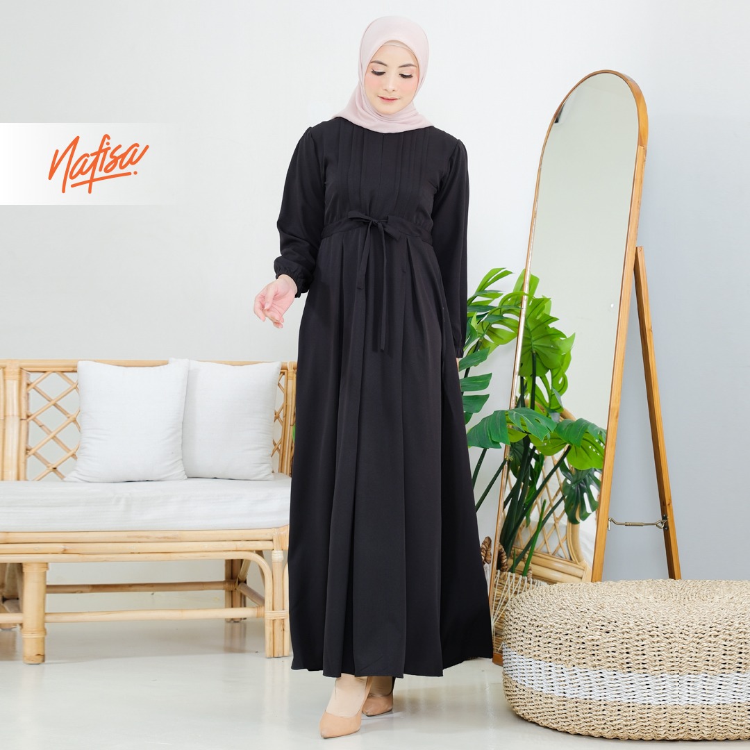 Nafisa Dress Youra Baju Gamis Wanita Lengan Panjang Kekinian - Hitam