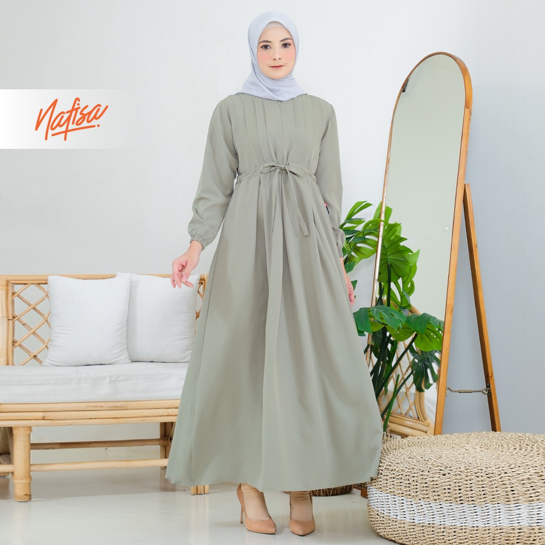 Nafisa Dress Youra Baju Gamis Wanita Lengan Panjang Kekinian - Sage