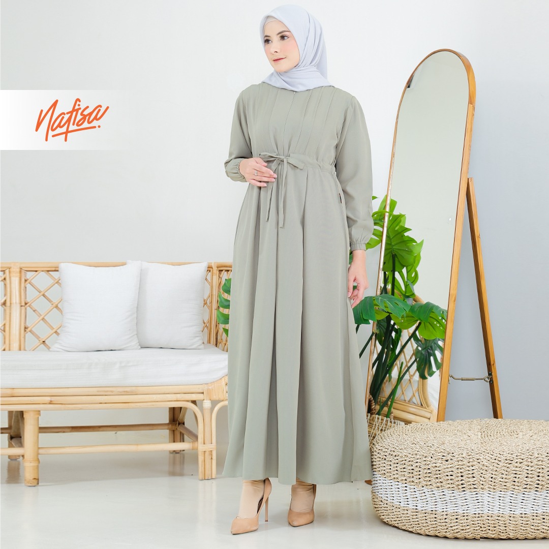 Nafisa Dress Youra Baju Gamis Wanita Lengan Panjang Kekinian - Sage