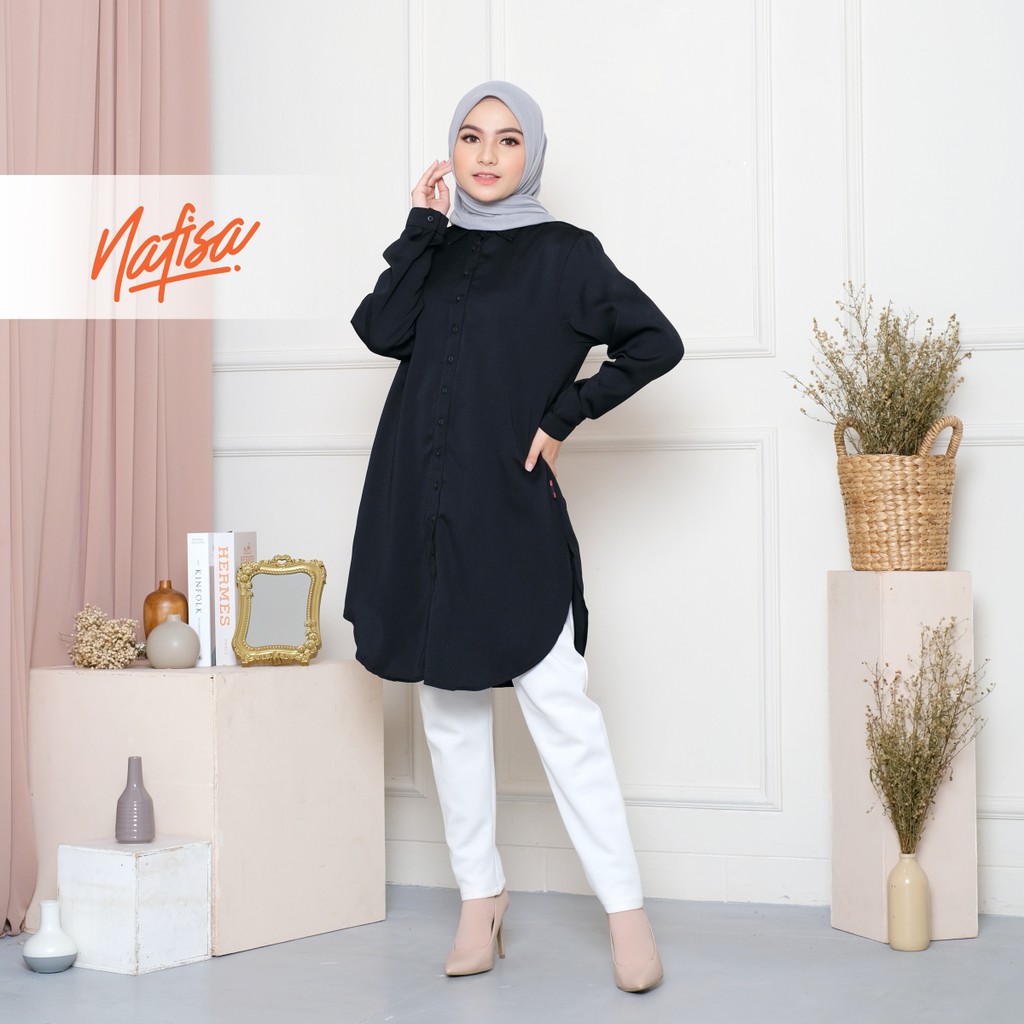 Nafisa Aeris - Tunik Wanita Kemeja Casual Atasan Masa kini Ukuran Lengkap - Warna Black / Hitam