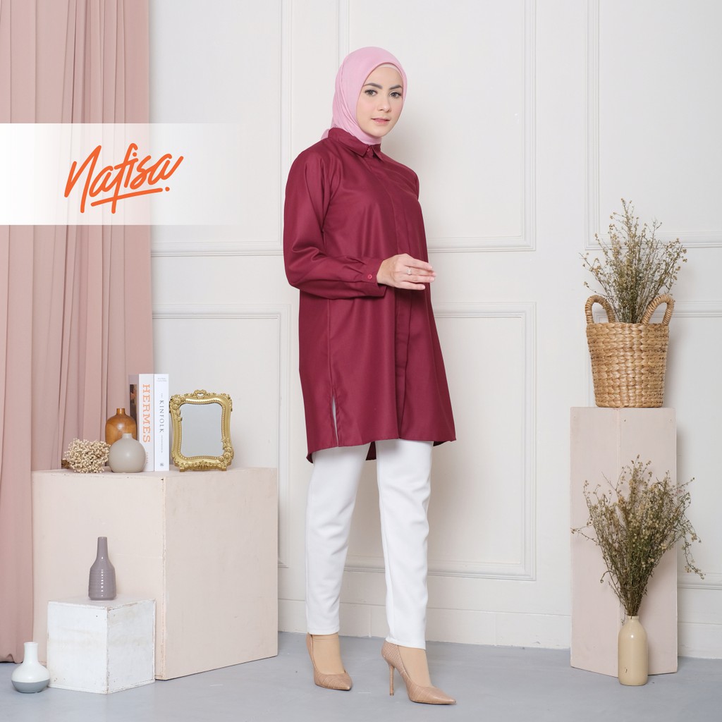 Nafisa Tunik Fleksibel Day - Kemeja Tunik Day To Day Atasan Muslim Size Lengkap - Merah Hati