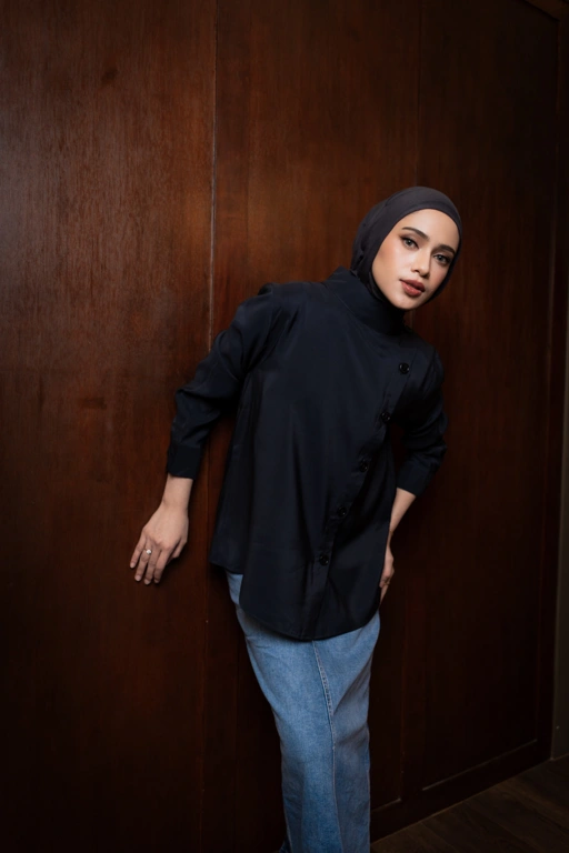 Image of DEYN SCARF - Nava High Neck Top - Navy