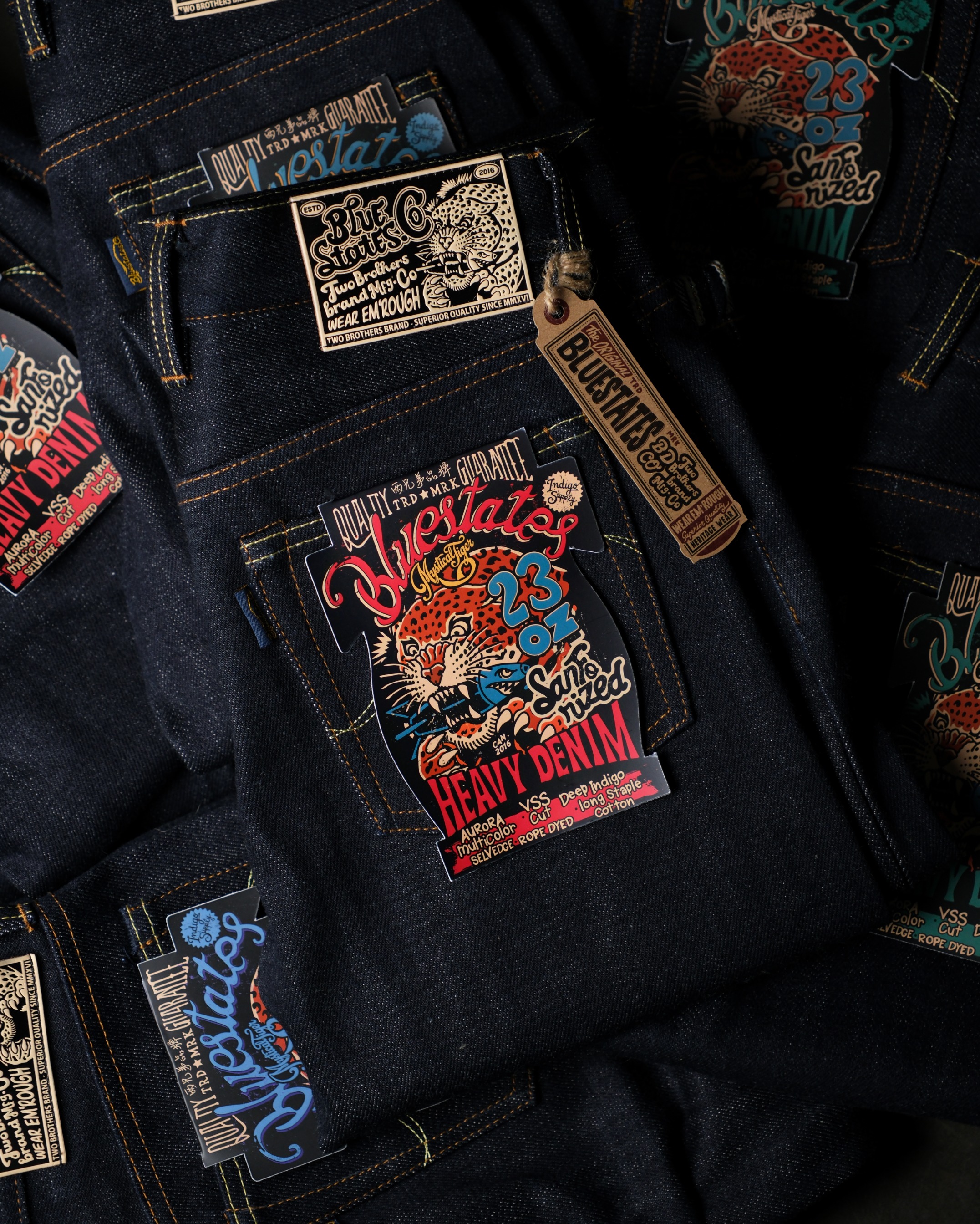 Bluestates 23oz Heavyweight Denim Selvedge Pants - Extra Deep indigo Mystical Tiger sanforized Slim Straight jeans
