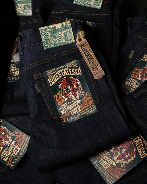 Image of Bluestates 22oz Heavyweight Denim Selvedge Pants - Extra Deep indigo Notorious Tiger unsanforized Slim Straight jeans