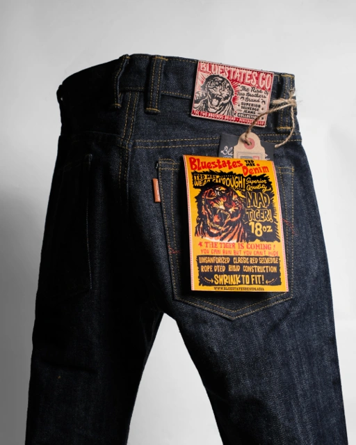 Image of Heavyweight Raw Selvedge Denim Pants - 18 oz Mad Tiger unsanforized Slim Straight Bluestates Jeans