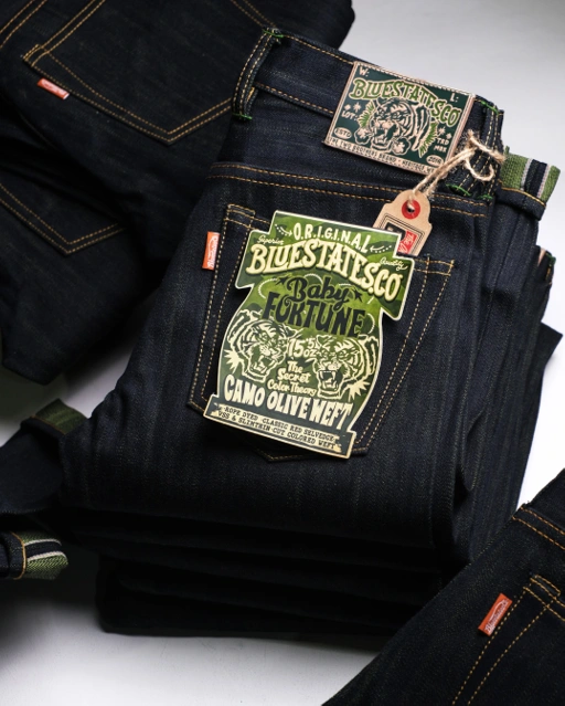 Image of Raw Selvedge Denim - Baby Fortune 15.5 oz vintage indigo Camo Olive Green Weft Sanforized Slim Straight / Slim Fit Jeans Bluestates