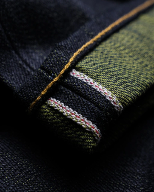 Image of Raw Selvedge Denim - Baby Fortune 15.5 oz vintage indigo Camo Olive Green Weft Sanforized Slim Straight / Slim Fit Jeans Bluestates