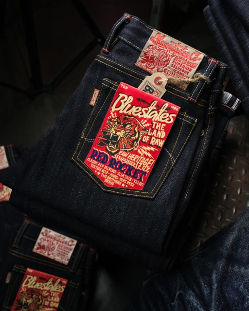 Image of Bluesates Raw Selvedge Denim - Red Rocket 17 oz Classic sanforized Vintage Deep Indigo selvedge Slim straight & slimfit cut