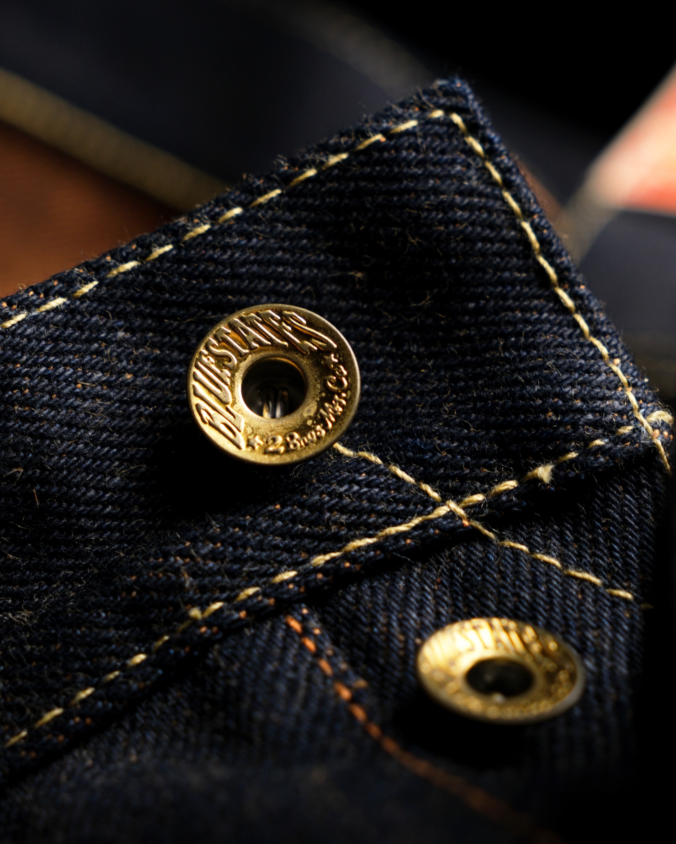 Heavyweight Raw Selvedge Bluestates Denim Pants - 22.5 oz Anniversary Orange Gold Weft unsanforized Slim Straight jeans