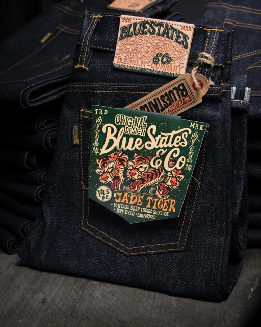Image of Bluestates Raw Selvedge Denim - Jade Tiger 14.5 oz Classic sanforized Vintage Deep Indigo selvedge jeans Slim straight & slimfit cut