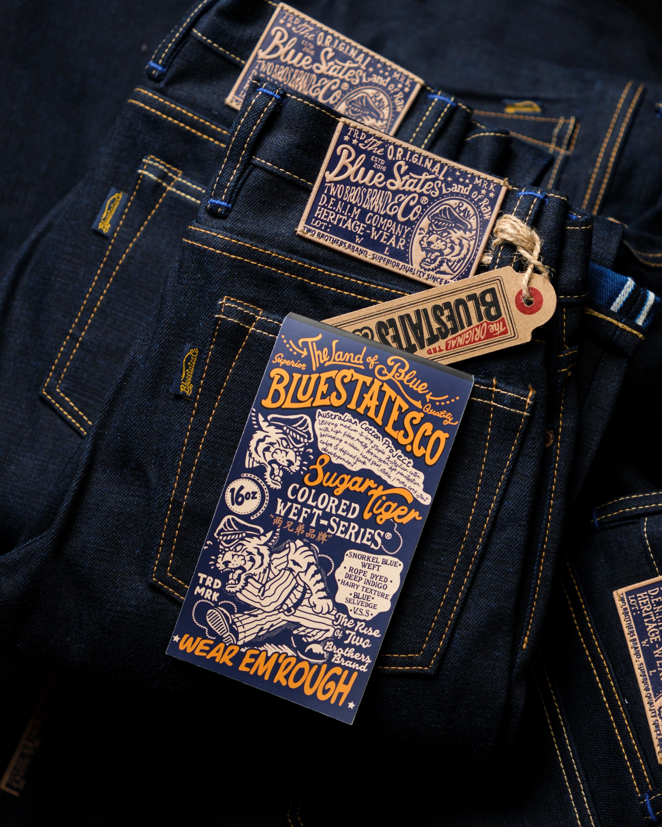 BLUESTATES raw Selvedge denim - Sugar Tiger 16oz Indigo Blue Weft color Australian Cotton Sanforized Slim Straight / Slim Fit Jeans