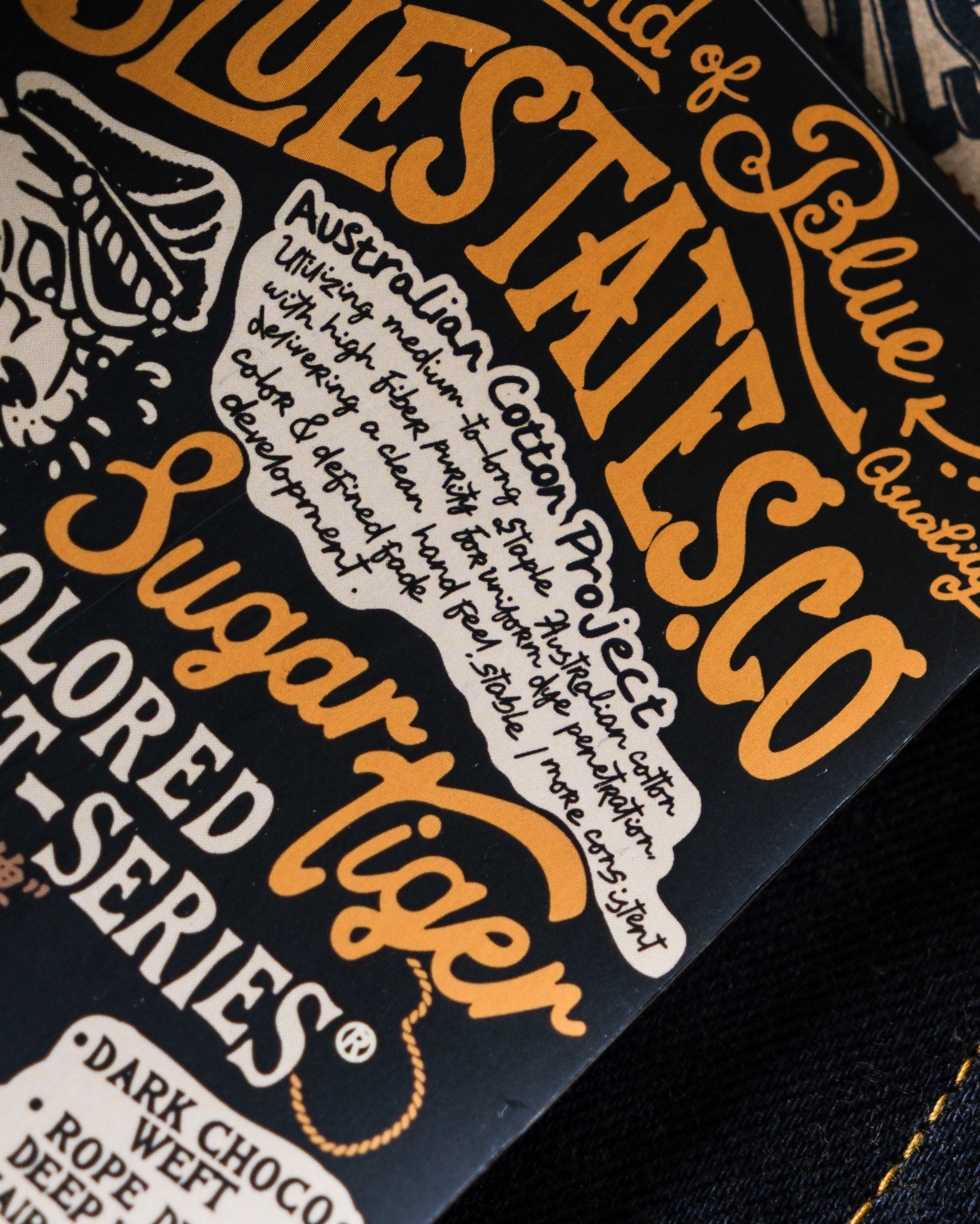 BLUESTATES raw Selvedge denim - Sugar Tiger 16oz Indigo Dark Brown Weft Australian Cotton Sanforized Slim Straight / Slim Fit Jeans