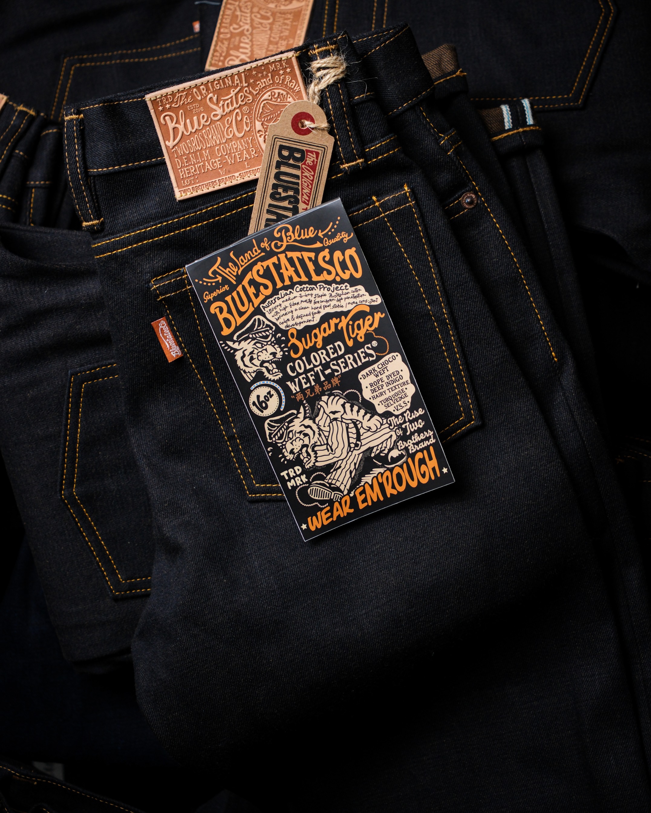 BLUESTATES raw Selvedge denim - Sugar Tiger 16oz Indigo Dark Brown Weft Australian Cotton Sanforized Slim Straight / Slim Fit Jeans