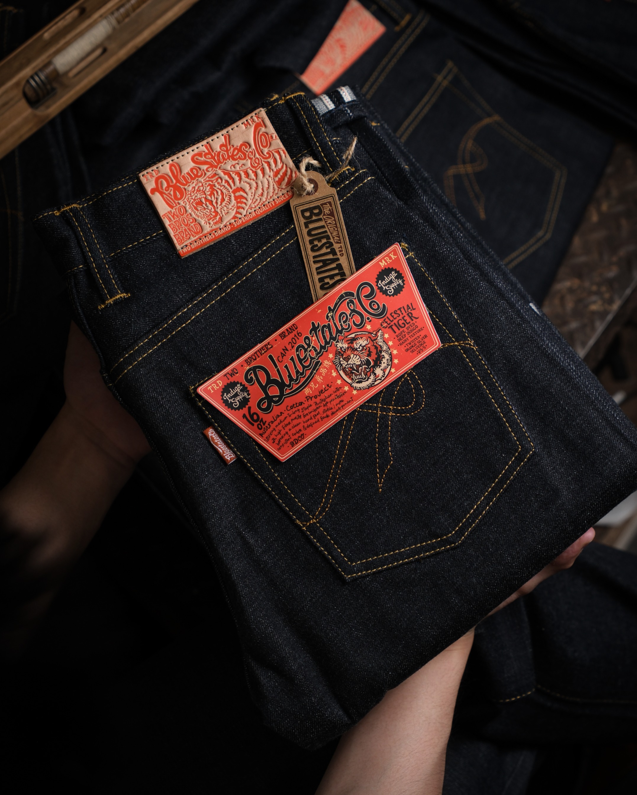 Bluestates Raw Selvedge Denim - Celestial Tiger 16 oz Deep Indigo Slim Straight selevdge jeans