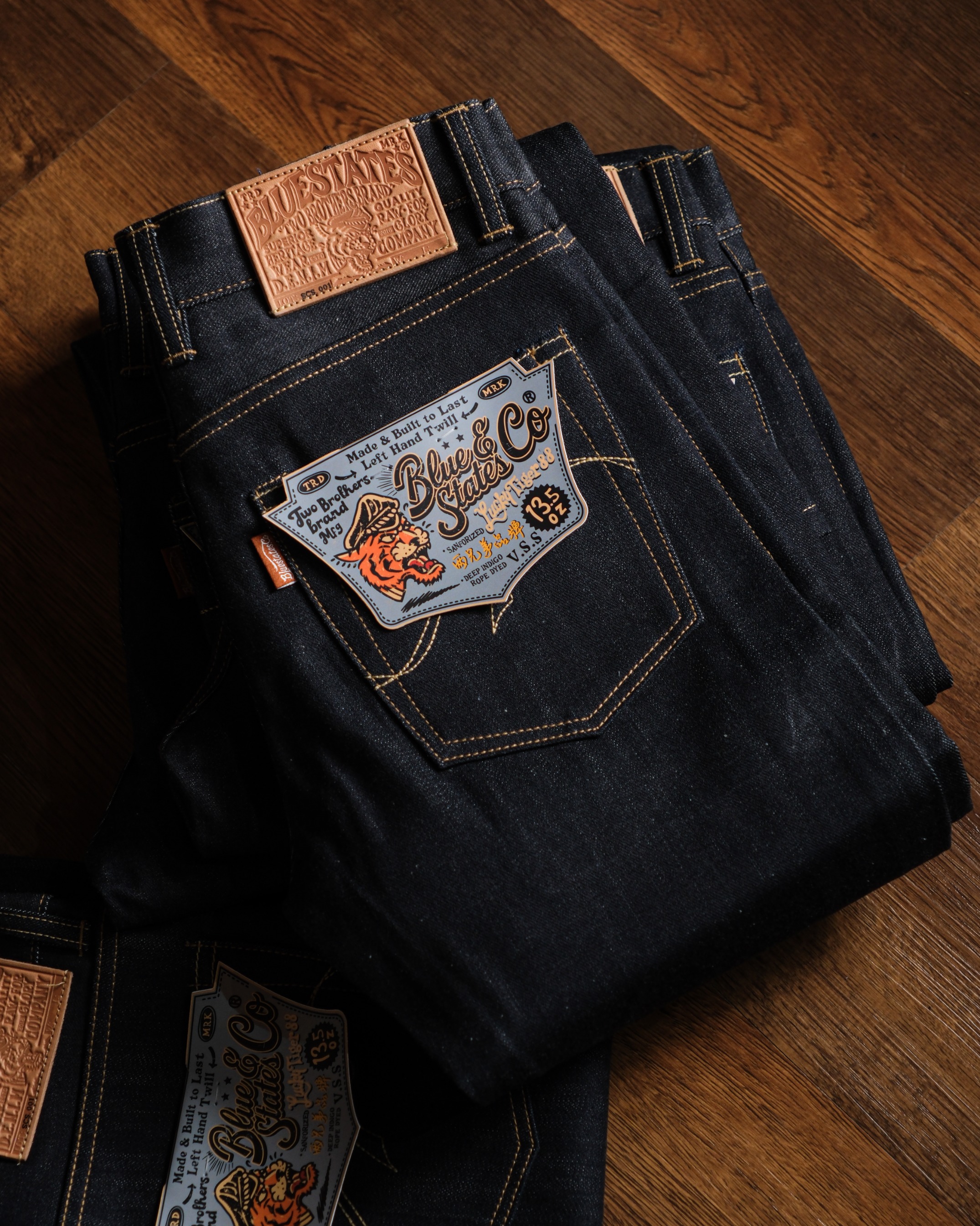 Bluestates Raw Denim - 13.5 oz Lucky Tiger 888 deep indigo rope dyed non selvedge sanforized jeans slim straight/slimfit
