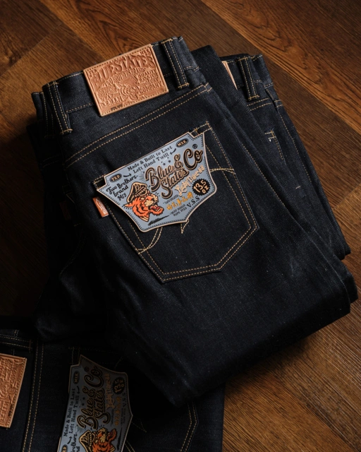 Image of Bluestates Raw Denim - 13.5 oz Lucky Tiger 888 deep indigo rope dyed non selvedge sanforized jeans slim straight/slimfit