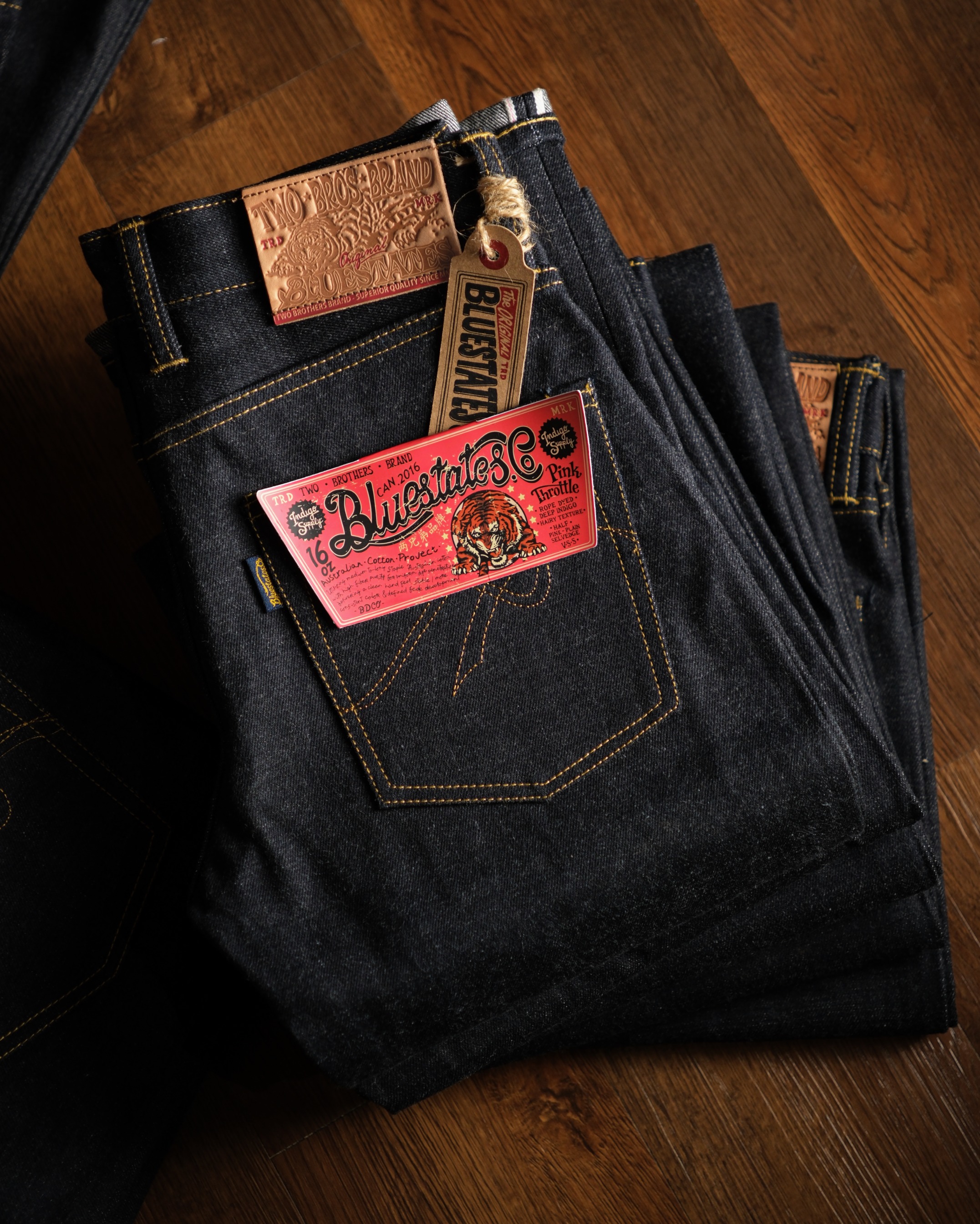 Bluestates Raw Selvedge Denim - Pink Throttle 16 oz Australian cotton Deep Indigo rope dyed Slim Straight selevdge jeans