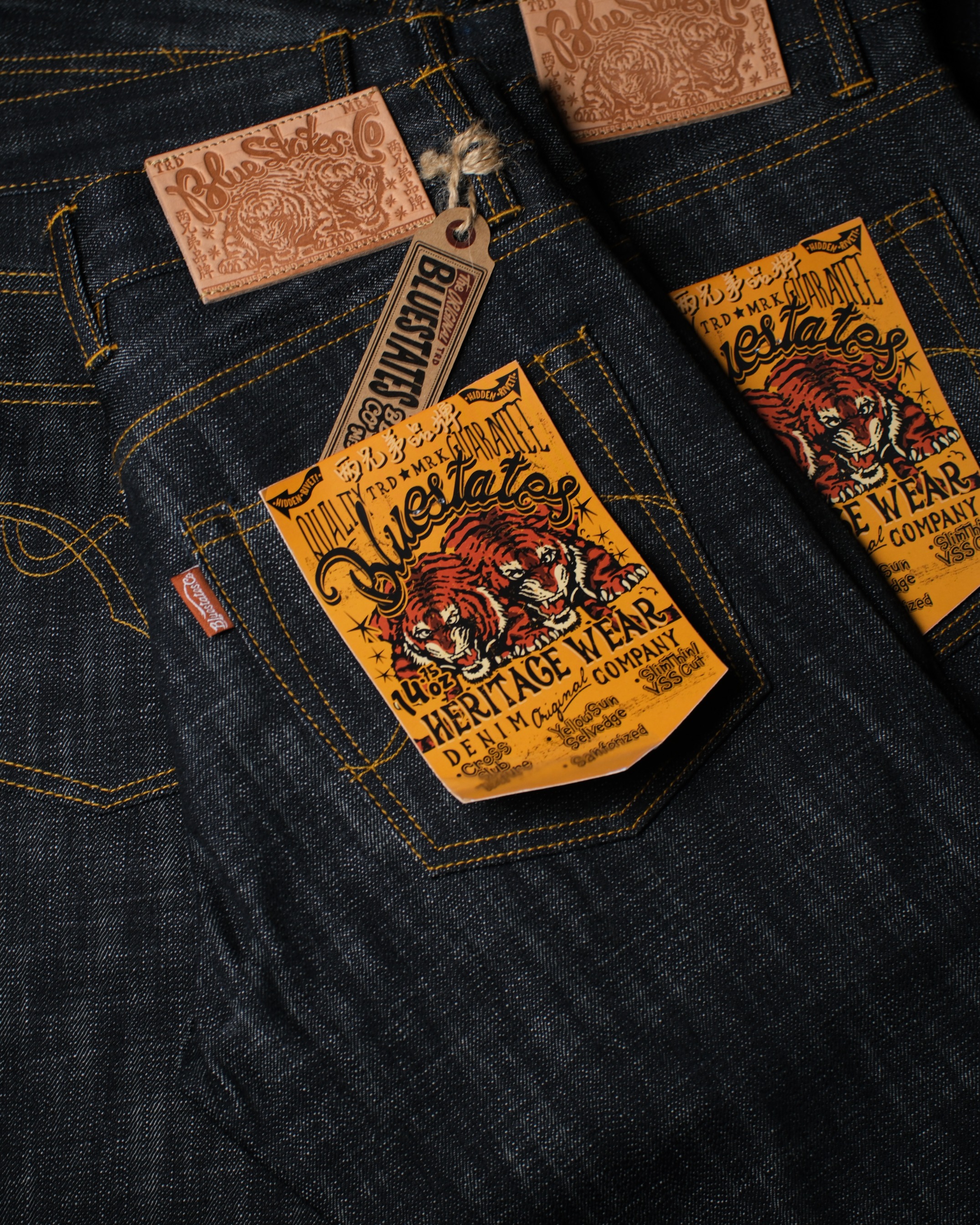 Raw Selvedge Denim - Oriental Tiger 14.75 oz Super Cross Slub Sanforized Selvedge Slim Straight / Slim Fit Jeans Bluestates