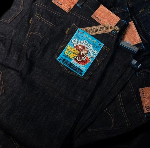 Bluesates Raw Selvedge Denim - Mandarin Blue 15 oz Classic sanforized Vintage Dark Indigo selvedge slim straight