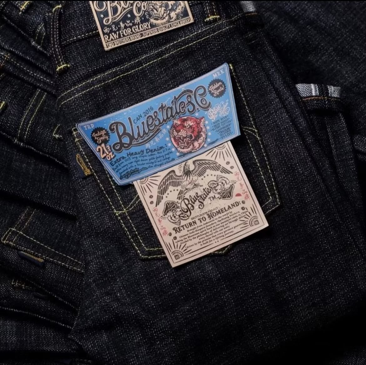 Bluestates 21.7oz Heavyweight Denim Selvedge Pants - Deep indigo Blue Porcelain sanforized Slim Straight jeans