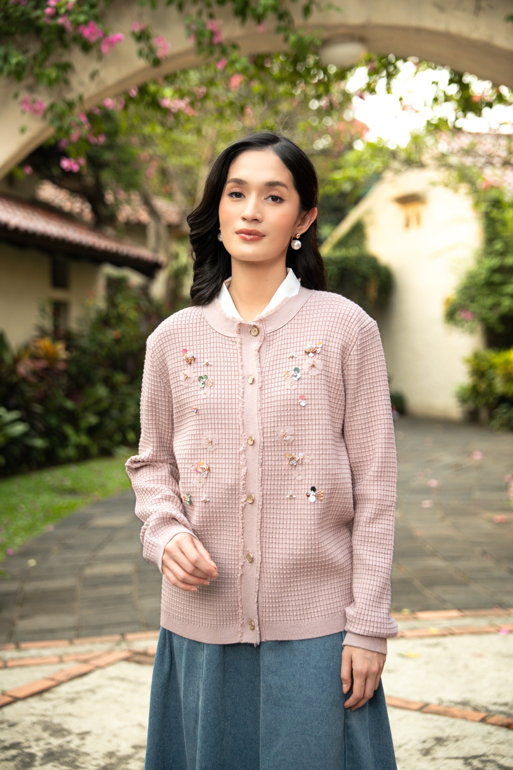 Elara Bloom Cardigan in Dusty Pink