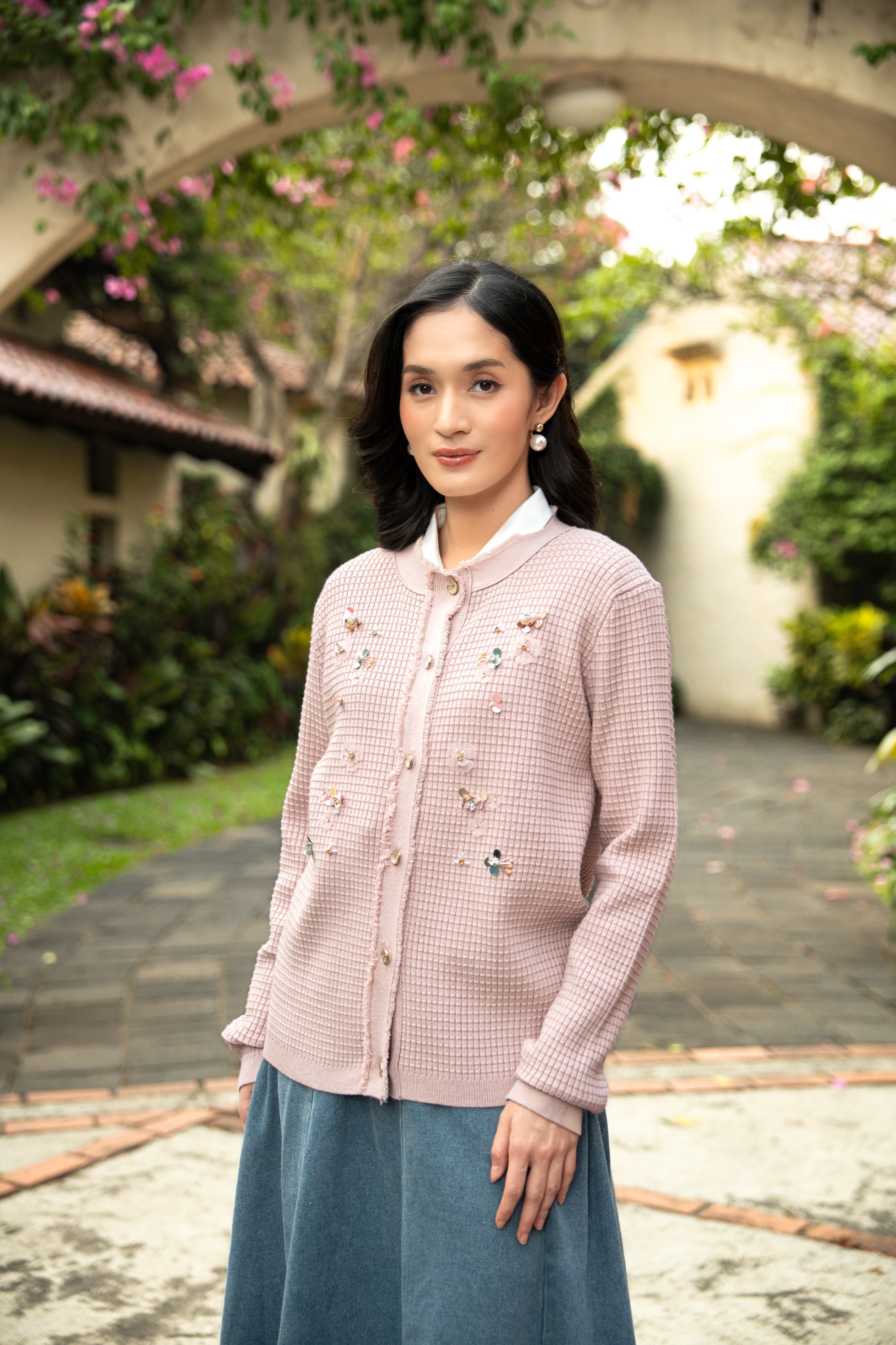 Elara Bloom Cardigan in Dusty Pink