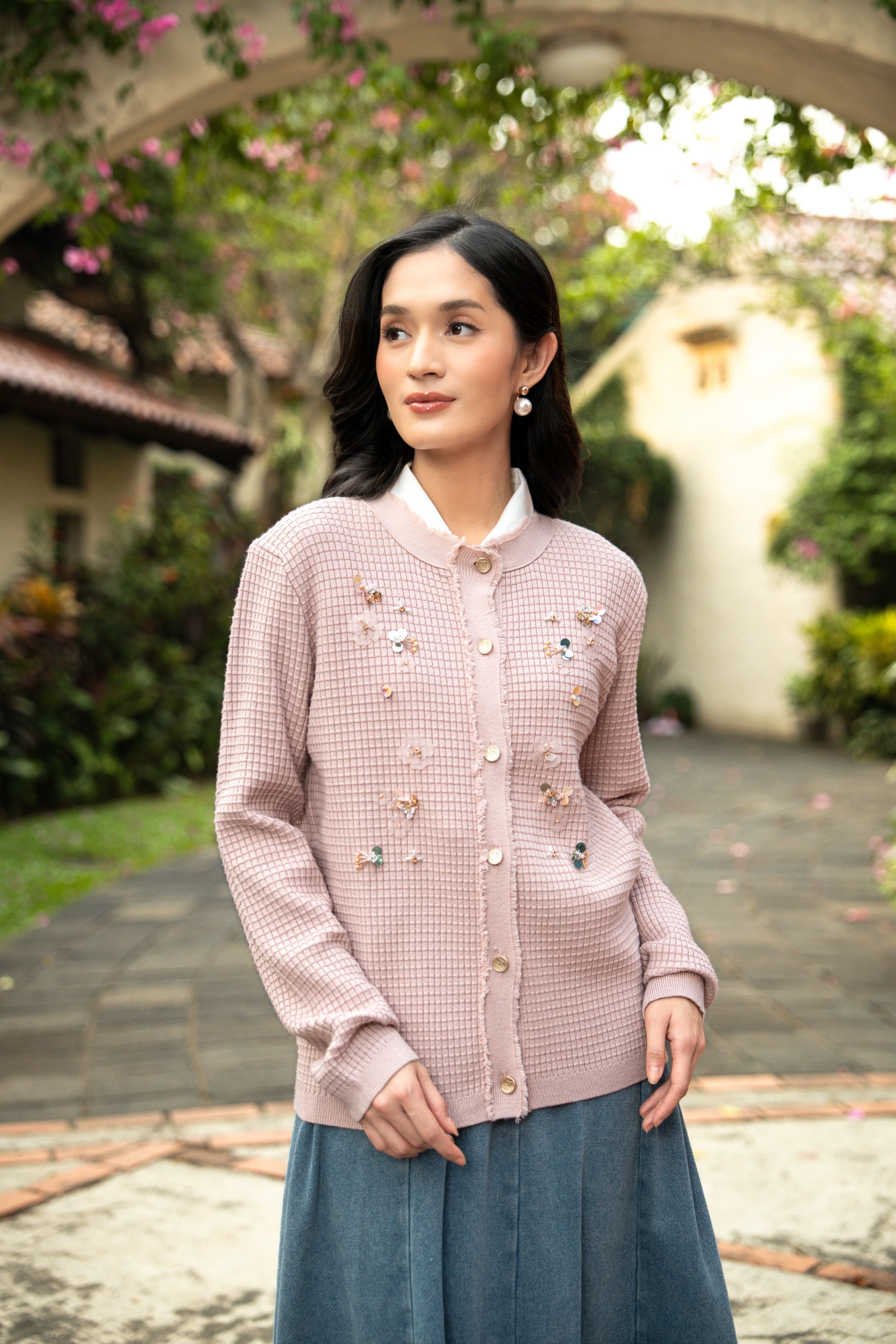 Elara Bloom Cardigan in Dusty Pink