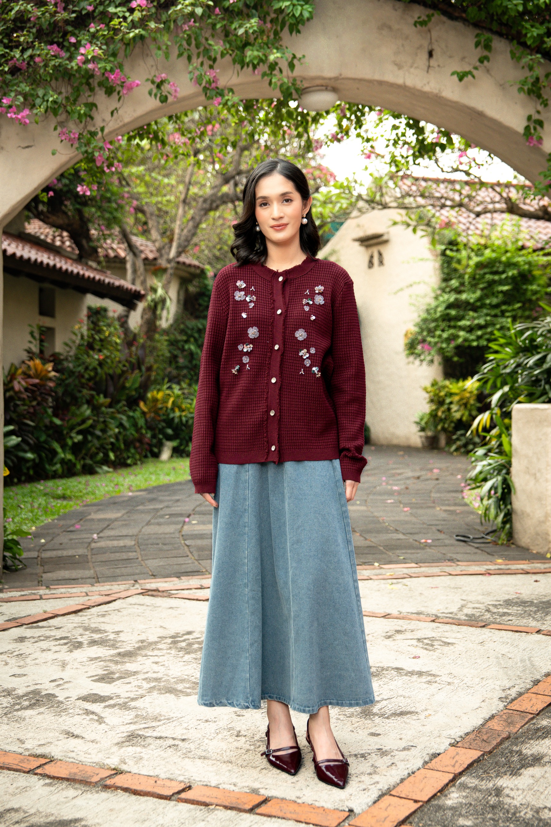 Elara Bloom Cardigan in Maroon