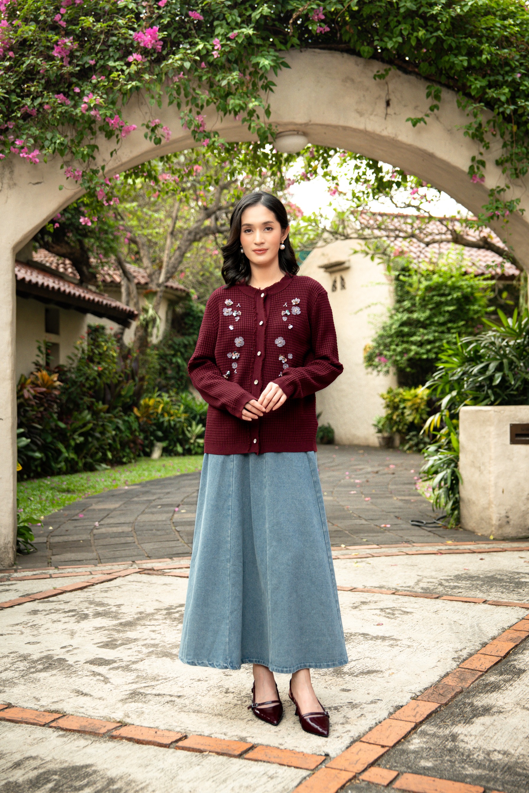 Elara Bloom Cardigan in Maroon