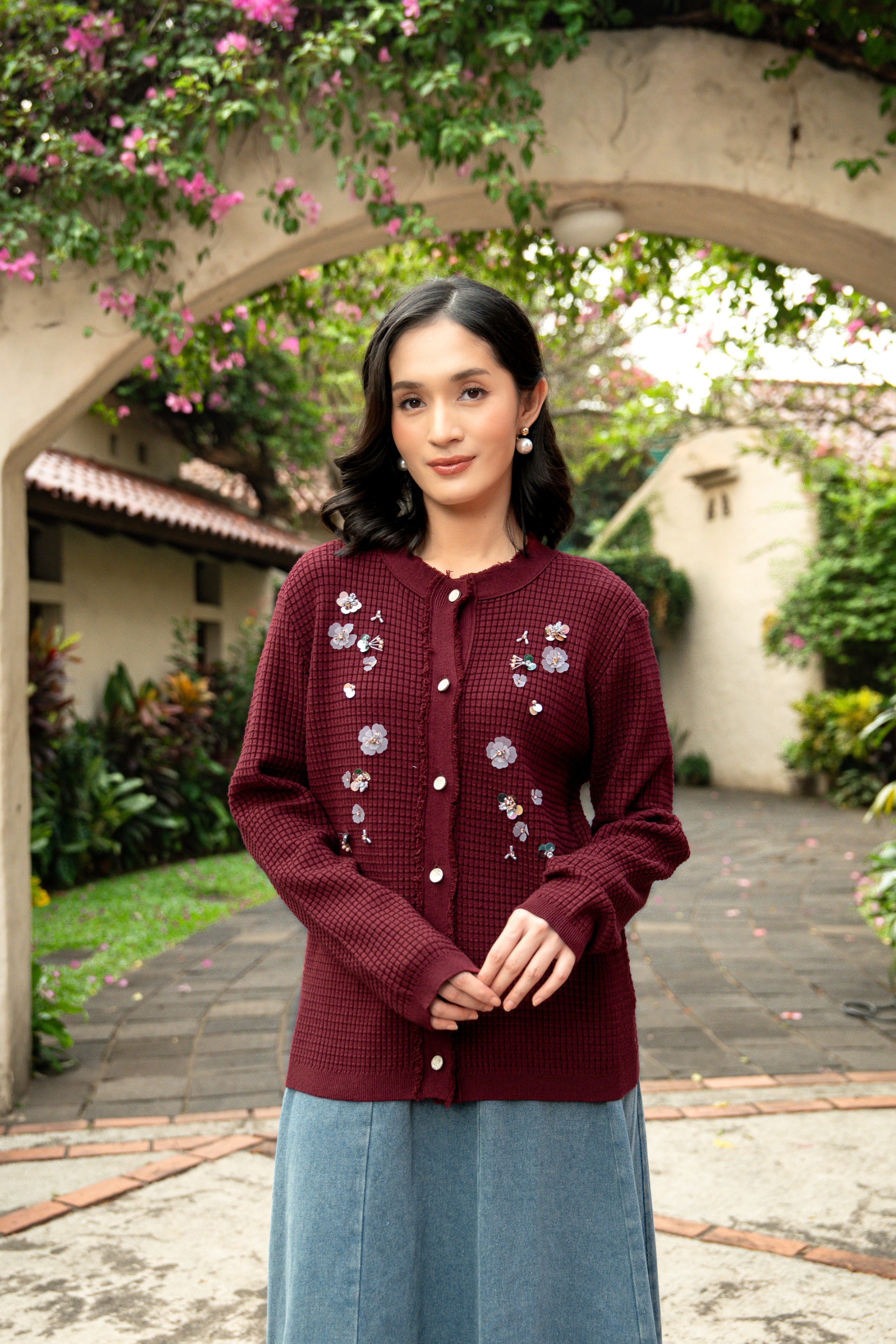 Elara Bloom Cardigan in Maroon