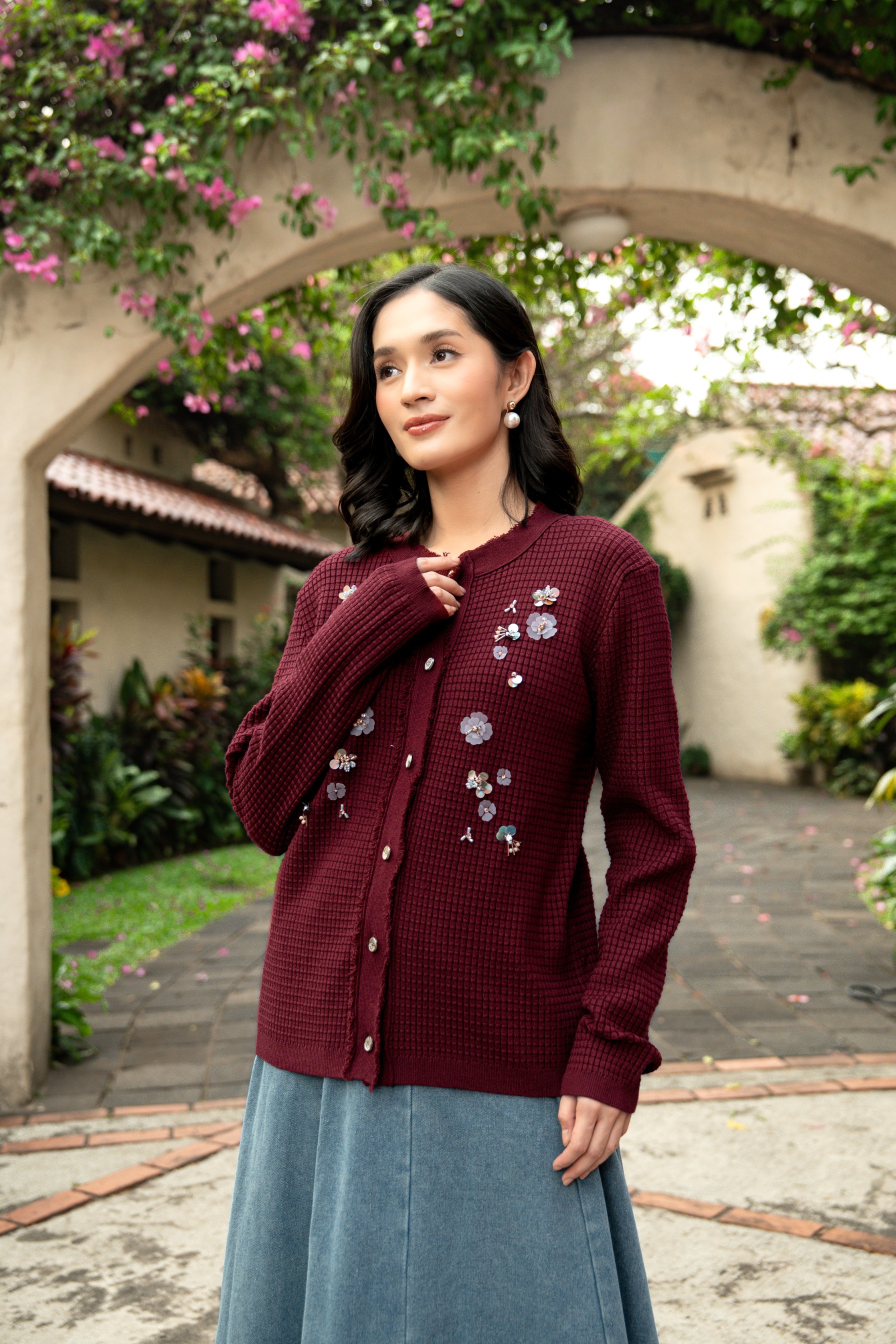 Elara Bloom Cardigan in Maroon