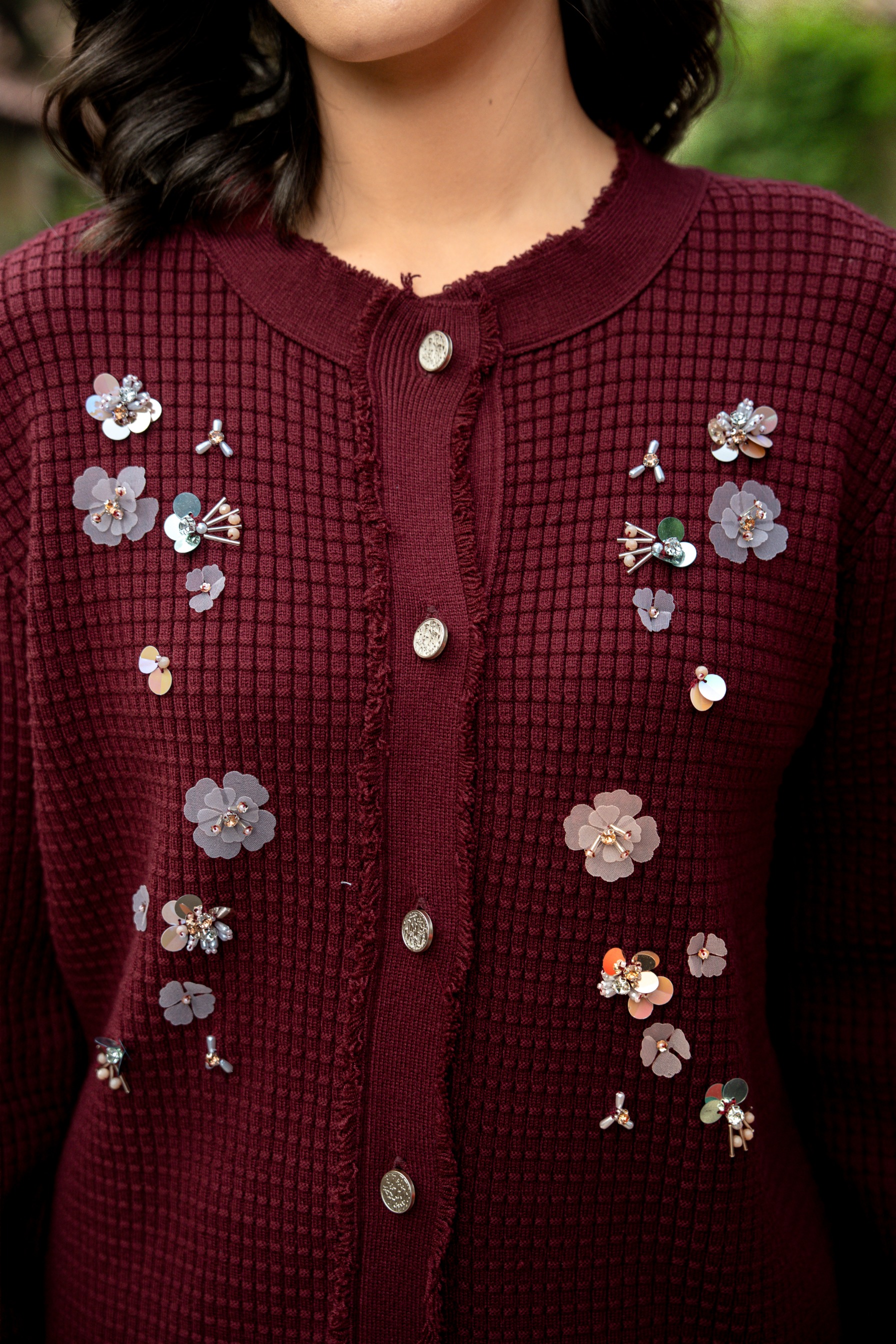 Elara Bloom Cardigan in Maroon