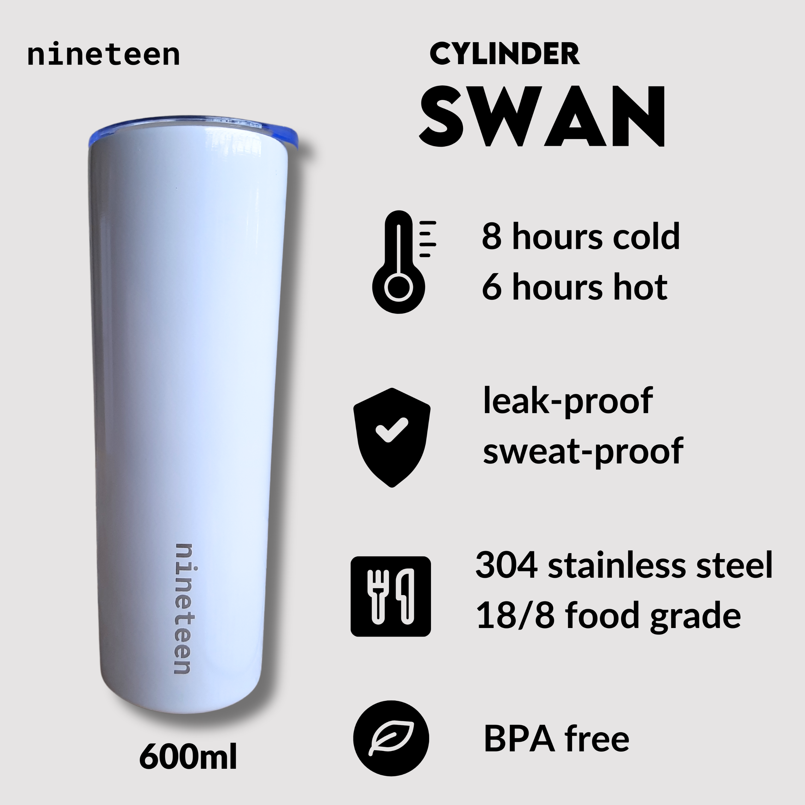 nineteen Cylinder Vacuum Insulated Tumbler 600ml - Swan